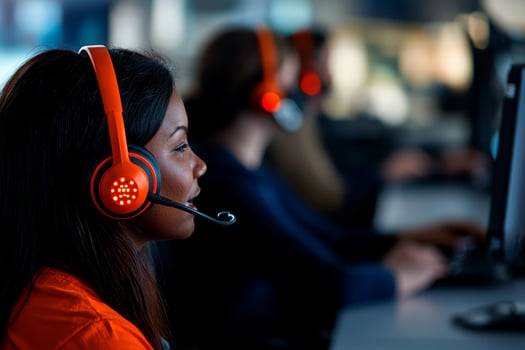 Woman with headset focused on computer in modern office environment. photo