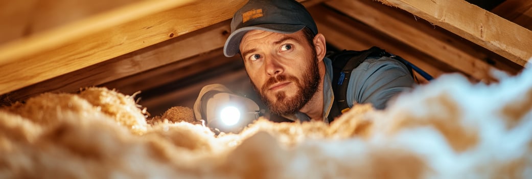 A pest control specialist, aged 30-40, inspects an attic for termites photo