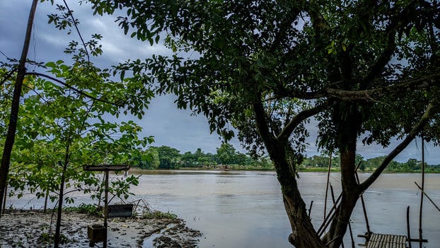 Serene riverside view framed by lush trees under a cloudy sky photo