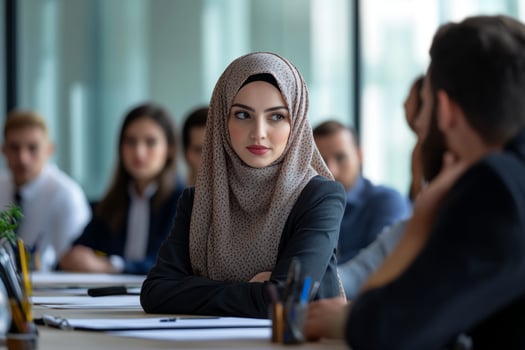 Confident muslim businesswoman listening during a meeting in office photo