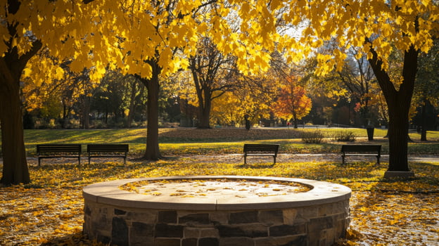 A tranquil park in autumn showcases vibrant yellow foliage, a circular stone bench, and fallen leaves beneath golden trees, creating a peaceful, picturesque scene. photo