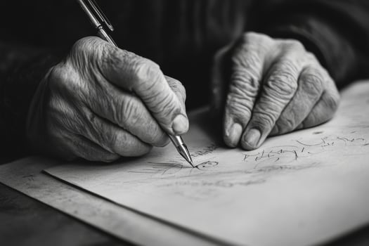 Senior man drawing on paper using a pen photo