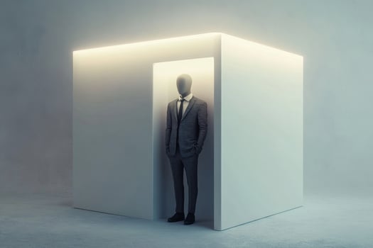 Businessman entering a luminous cube in a concrete room photo