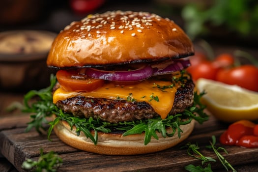 Delicious cheeseburger lying on wooden board with rocket salad and tomatoes photo