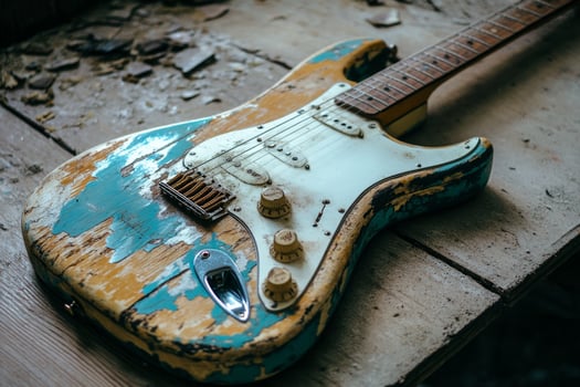 Vintage worn out electric guitar lying on wooden floor photo