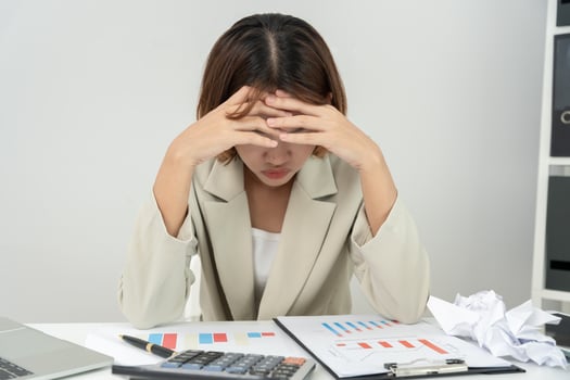 Debt business, Stressed and headache business asian woman analysis financial company problem. no money to pay, shortage, Financial problems, mortgage, loan, bankruptcy, bankrupt, poor, overdue photo
