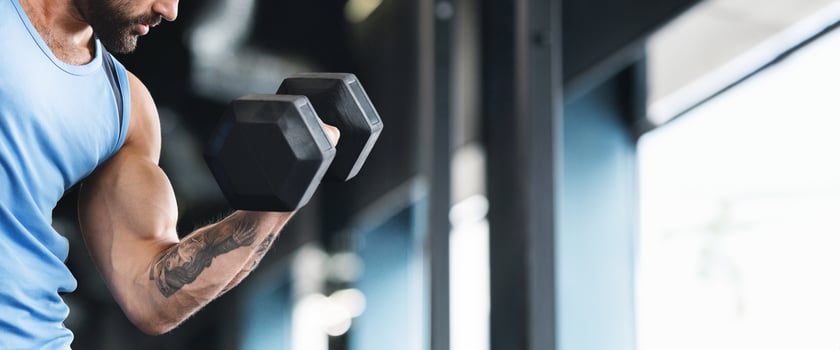 Muscular athlete making strength exercise for biceps with dumbbell, free space, panorama photo
