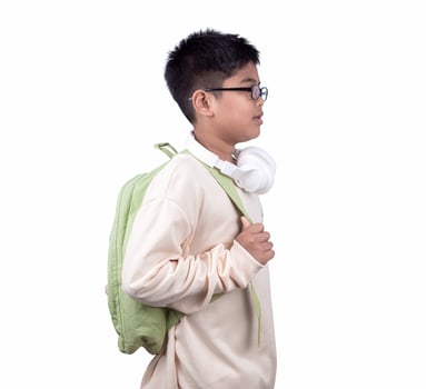 Portrait of school boy in casual clothes carrying a green bag and white headphones isolated on a white background, The concept of education and way of life, Cute boy posing in casual clothes. photo