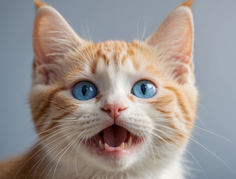 Close-up of a White and Orange Kitten with Blue Eyes Yawning photo