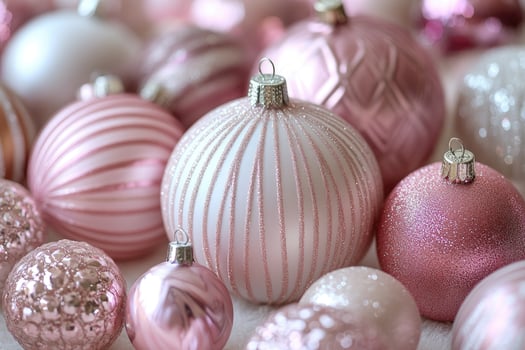 Pink christmas ornaments with glitter sparkling on snow photo
