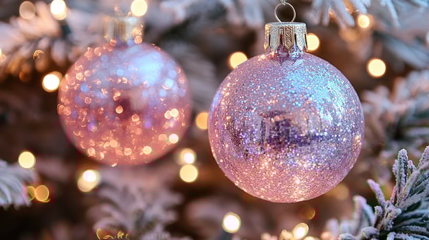 Pink christmas ornaments with glitter sparkling on snow photo