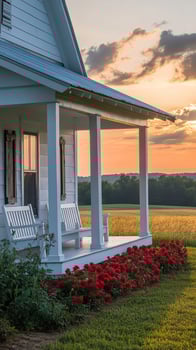 Inviting porch swing overlooking a picturesque farm at sunset photo