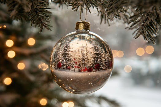 Christmas ornament reflecting snowy forest scene hanging from christmas tree photo