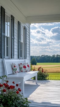 Inviting porch swing overlooking a picturesque farm at sunset photo