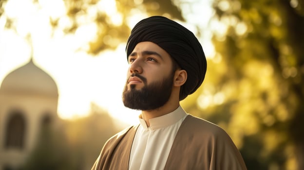 Young Shiite Muslim Cleric in Traditional Dress, Standing Outdoors During Golden Hour, Reflecting in Nature photo