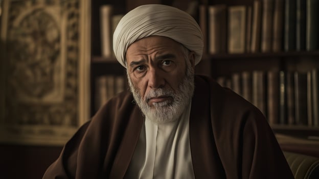 Devout Shiite Muslim Cleric Ponders in Modest Library Setting, Traditional Garb and Headwear Reflect Faith and Heritage photo