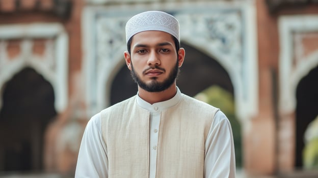 Young Sunni Muslim Cleric Standing in Front of Historic Mosque, Traditional Islamic Attire, Middle Eastern Cultural Scene photo