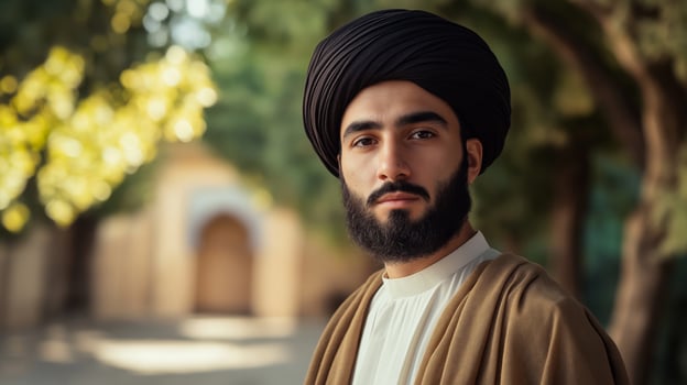 Young Shiite Muslim Cleric in Traditional Clothing Posing Outdoors in a Garden Setting, Middle Eastern Culture, Diversity Concept photo
