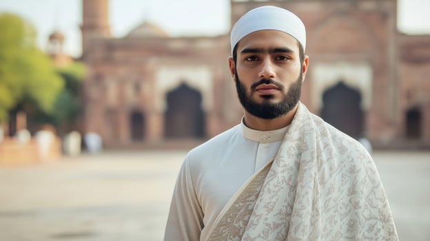 Young Sunni Muslim Cleric from India Standing Outdoors in Traditional Attire Near Historical Architecture photo