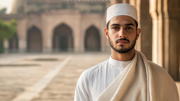 Portrait of a Young Sunni Muslim Cleric in Traditional Attire Standing Outdoors, India Setting photo