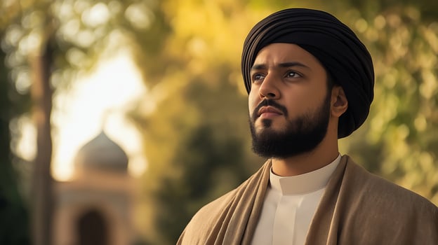 Pensive Young Shiite Muslim Cleric Outdoors with Traditional Attire and Turban Amidst Soft Sunlight for Cultural Diversity Concept photo