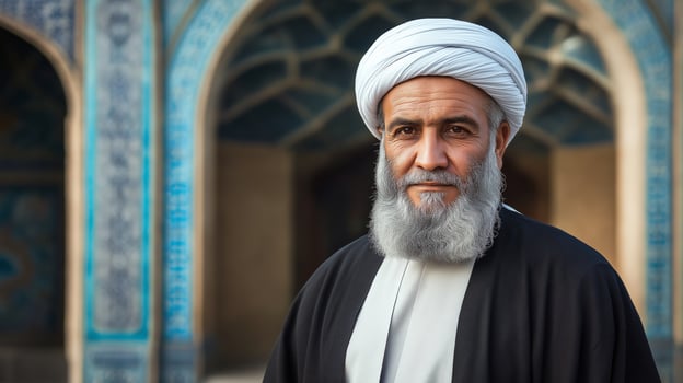 Shiite Cleric in Traditional Clothing Standing Outside an Ornate Mosque with Islamic Architecture photo