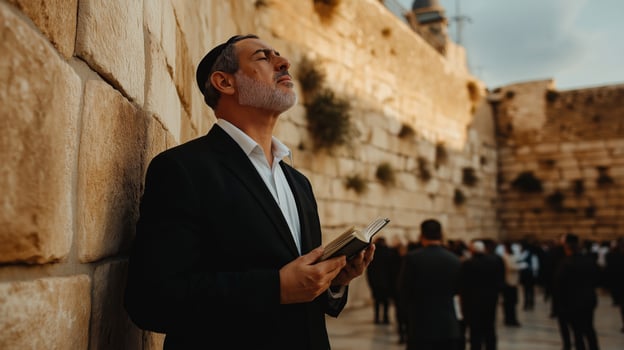 Jewish Man Praying at the Western Wall in Traditional Black Suit, Spiritual Connection, Religious Devotion photo