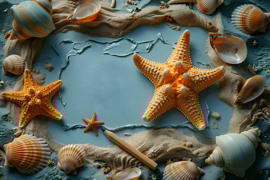 Starfish and Seashell Composition on Sandy Beach Background - Coastal Decor, Summer Vacation Design photo