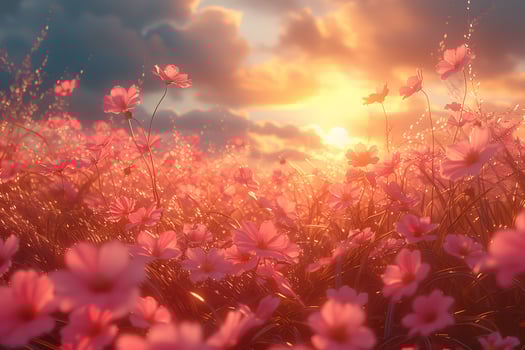 Sunset Over Field of Pink Flowers - Romantic Landscape Nature Scene for Spring Art and Decor photo