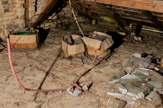 Cluttered dusty attic filled with old boxes and bottles highlighting the need for spring cleaning and decluttering photo
