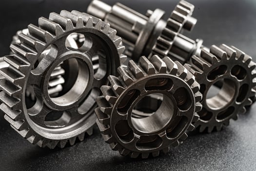 Gear and cogs wheels, clock mechanism, brass metal engine industrial. photo