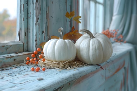 Autumn Decor with White Pumpkins on Weathered Window Sill for Fall Festive Design photo