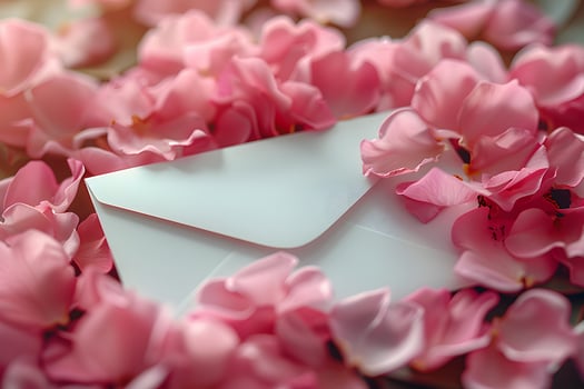 Romantic White Envelope Surrounded by Pink Flowers - Perfect for Valentine's Day Cards, Wedding Invitations, or Love Letters photo
