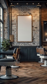 Barber chairs and a blank poster on the wall photo