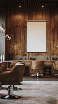 A barber chair and a projector screen in a room photo