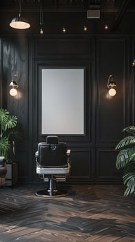 Barber chair in a black room with a large screen photo