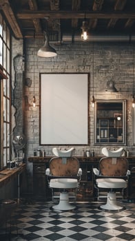 Barber shop interior with vintage chairs and a blank poster photo