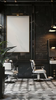 A barber shop with a large mirror and chairs photo
