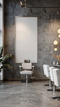 A large room with a large white chair and a large blank poster photo