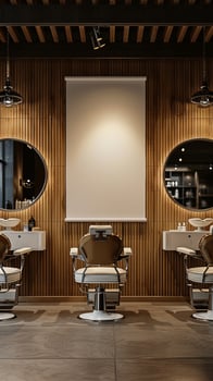 A barber shop with chairs and mirrors photo