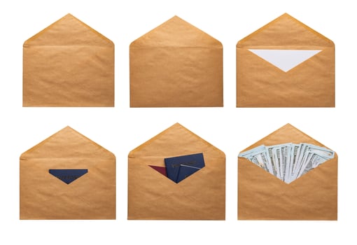 Recycled craft paper envelope isolated white background photo