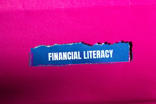 Financial literacy message written on ripped torn blue paper piece with pink background. Conceptual financial literacy symbol. Copy space. photo