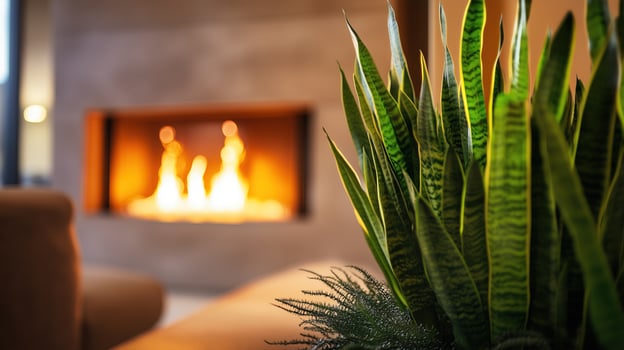 A warm and inviting space showcases a fireplace glowing with flames photo