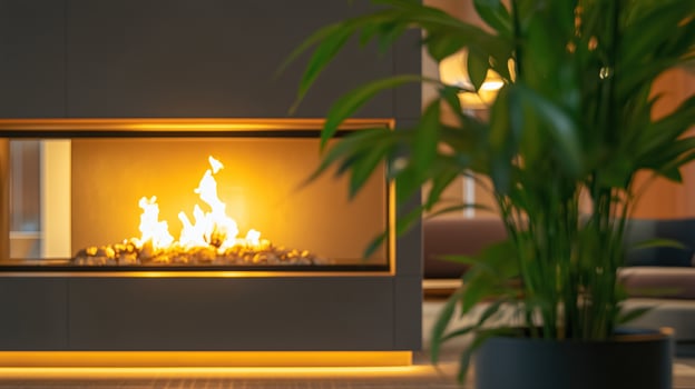 A warm and inviting space showcases a fireplace glowing with flames photo