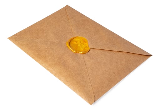 Recycled craft paper envelope isolated white background photo