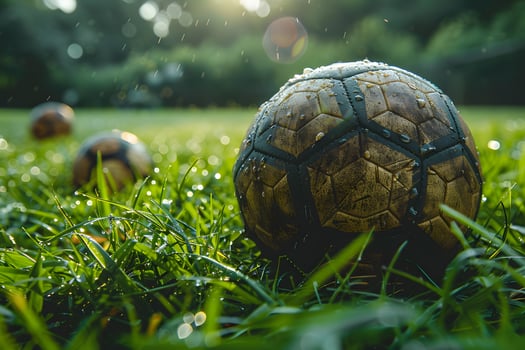 Soccer Ball in Wet Grass Field During Early Morning with Water Droplets - Sports and Recreation Concept photo