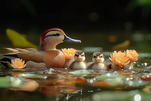 Tow Mandarin Duck playing with family in the beautiful background photo