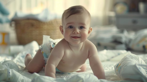 Cute small little newborn baby wearing a diaper. Baby in diaper pants photo