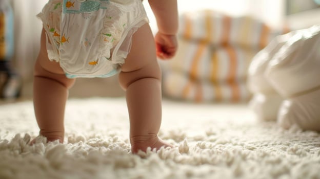 Small little baby wearing a diaper. Newborn standing in diaper pants close-up photo