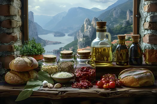 Italian Cuisine Ingredients with Mediterranean Mountain and Lake View - Culinary Travel Inspiration photo